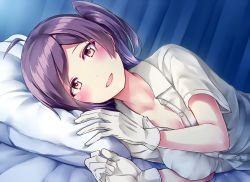 Rule 34 | 10s, 1girl, ahoge, alternate eye color, bed, blush, breasts, brown eyes, buttons, commentary request, gloves, hagikaze (kancolle), kamelie, kantai collection, large breasts, long hair, looking at viewer, lying, medium breasts, on side, open clothes, open mouth, open shirt, pillow, purple eyes, purple hair, shirt, short sleeves, side ponytail, smile, solo, upper body, white gloves, white shirt