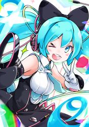 Rule 34 | 1girl, akino coto, aqua eyes, aqua hair, aqua necktie, black bow, blush stickers, bow, breasts, commentary, gloves, hair bow, hatsune miku, headphones, highres, looking at viewer, magical mirai (vocaloid), magical mirai miku, magical mirai miku (2016), microphone, necktie, one eye closed, open mouth, short necktie, small breasts, solo, unplugged, v, vocaloid, white gloves