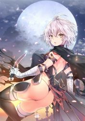 Rule 34 | 1girl, ass, bandages, bare shoulders, brown eyes, cape, dagger, fate/apocrypha, fate/grand order, fate (series), jack the ripper (fate/apocrypha), knife, scar, short hair, solo, teddy (khanshin), thighs, thong, weapon, white hair