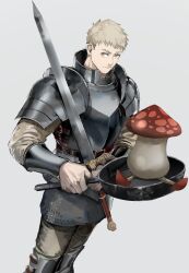 Rule 34 | 1boy, armor, boots, brown hair, chainmail, closed mouth, dungeon meshi, frying pan, grey background, highres, holding, holding frying pan, holding sword, holding weapon, infukun, kensuke (dungeon meshi), laios touden, looking at viewer, mushroom, pants, short hair, shoulder armor, simple background, smile, solo, standing, sword, vambraces, weapon, yellow eyes