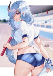 Rule 34 | 1girl, ass, blue buruma, blue eyes, blurry, blurry background, breasts, buruma, cowboy shot, crop top, from behind, genshin impact, gym uniform, highres, holding, large breasts, long braid, long hair, looking at viewer, looking back, midriff, outdoors, puffy short sleeves, puffy sleeves, shenhe (genshin impact), shirt, short sleeves, silver hair, solo, squchan, standing, track and field, very long hair, white shirt