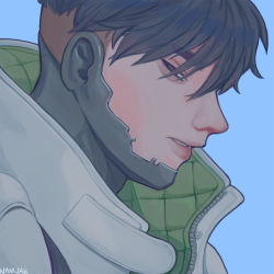 Rule 34 | 1boy, animification, apex legends, black eyes, black hair, blue background, crypto (apex legends), from side, half-closed eye, jacket, korean commentary, looking at viewer, male focus, namjak, parted lips, profile, solo, undercut, white jacket