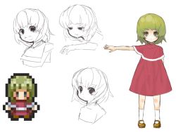 Rule 34 | character request, child, dress, expressions, green hair, monochrome, open mouth, pixel art, sad, saliva, simple background, sketch, standing, yume (wig)