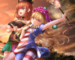 Rule 34 | 2girls, american flag legwear, american flag print, american flag shirt, arm up, blonde hair, breast lift, breast rest, breasts, chain, choker, clothes writing, cloud, clownpiece, cowboy shot, crossed arms, dutch angle, from below, hair blowing, hat, hecatia lapislazuli, highres, holding, jester cap, long hair, looking at viewer, looking to the side, multicolored clothes, multicolored skirt, multiple girls, open mouth, outdoors, pantyhose, pointing, pointy ears, print shirt, red eyes, red hair, red sky, shirt, short hair, shounen (hogehoge), single tear, skirt, sky, smile, standing, striped clothes, striped pantyhose, sunset, t-shirt, torch, touhou