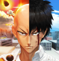 Rule 34 | 10s, 1boy, 2015, bald, before and after, black hair, bleeding, blood, blue sky, building, cape, cloud, day, glaring, looking at viewer, male focus, meteor, one-punch man, portrait, red sky, saitama (one-punch man), scowl, sky, solo, spiked hair, split theme, tsukinopandaaa, upper body