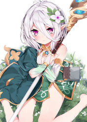 Rule 34 | 1girl, absurdres, antenna hair, bare legs, barefoot, blush, breasts, bridal gauntlets, closed mouth, commentary request, detached sleeves, dress, flower, grass, green sleeves, groin, hair between eyes, hair flower, hair ornament, highres, holding, holding staff, kamioka shun&#039;ya, kokkoro (princess connect!), long sleeves, on grass, orb, pointy ears, princess connect!, puffy long sleeves, puffy sleeves, purple eyes, see-through, see-through sleeves, silver hair, sitting, sleeveless, sleeveless dress, small breasts, smile, solo, staff, wariza, white background, white dress, white flower