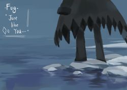 Rule 34 | 1boy, absurdres, black footwear, blue theme, coat, english text, funamusea, grey coat, haiiro teien, highres, ice, knifedragon, male focus, out of frame, outdoors, solo, standing, water