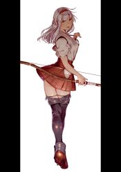 Rule 34 | 1girl, bow (weapon), brown eyes, from behind, hairband, hakama, hakama short skirt, hakama skirt, headband, highres, japanese clothes, kantai collection, long hair, looking back, muneate, red hakama, red headband, shoukaku (kancolle), skirt, solo, thighhighs, uyama hajime, weapon, white hair