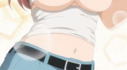 Rule 34 | 1girl, animated, animated gif, bandages, bandages around chest, bare shoulders, belt, blue pants, blush, breast binding, breasts, cleavage, coll, collarbone, gif artifacts, grey eyes, hair between eyes, inui shinju, large breasts, long hair, looking at viewer, navel, pants, pink hair, pout, screencap, solo, sono bisque doll wa koi wo suru, stomach, underboob