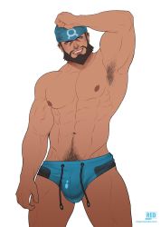 Rule 34 | 1boy, abs, absolum art, archie (pokemon), armpit hair, armpits, bandana, bara, bare pectorals, beard, blue male swimwear, bulge, creatures (company), dark-skinned male, dark skin, facial hair, feet out of frame, game freak, highres, large pectorals, looking at viewer, male focus, male pubic hair, male swimwear, mature male, muscular, muscular male, navel, navel hair, nintendo, nipples, pectorals, pokemon, pokemon oras, pubic hair, short hair, simple background, solo, standing, stomach, swim briefs, thick thighs, thighs, white background
