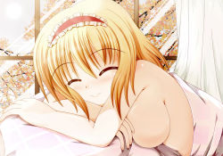 Rule 34 | 1girl, alice margatroid, bad id, bad pixiv id, bed, bed sheet, blonde hair, blush, breasts, closed eyes, female focus, hairband, highres, large breasts, lying, naked sheet, nekoman (nukomann), nude, on stomach, smile, solo, touhou, window