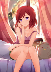 Rule 34 | 10s, 1girl, bed, breasts, cleavage, collarbone, curtains, expressionless, head rest, indoors, knees together feet apart, looking at viewer, love live!, love live! school idol festival, love live! school idol project, lying, medium breasts, minami kotori (bird), mmrailgun, nishikino maki, off shoulder, on back, pillow, purple eyes, red hair, short hair, shorts, sitting, sleeveless, solo, strap slip, stuffed animal, stuffed bird, stuffed toy, sunlight, swept bangs, tank top, window