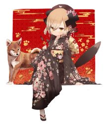 Rule 34 | 1girl, alternate costume, animal, arm support, black feathers, black hair, black hat, black kimono, brown eyes, commentary request, copyright request, dog, dog tail, egasumi, feathers, floral print, flower, hair between eyes, hair flower, hair ornament, hat, highres, japanese clothes, kimono, light brown hair, long sleeves, mabuta (byc0yqf4mabye5z), obi, pink flower, print kimono, sandals, sash, shippou (pattern), short hair, sitting, sleeves past wrists, socks, solo, tabi, tail, white flower, white socks, wide sleeves, zouri
