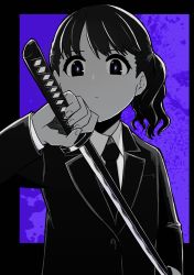 Rule 34 | 1girl, artist request, black hair, black legwear, commentary request, formal, fukumaru koito, highres, holding, holding sword, holding weapon, idolmaster, idolmaster shiny colors, katana, long sleeves, looking at viewer, medium hair, monochrome, necktie, sheath, solo, spot color, suit, sweat, sword, twintails, unsheathing, upper body, weapon