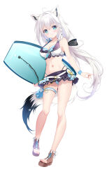 1girl ahoge alternate_costume animal_ear_fluff animal_ear_piercing animal_ears aqua_eyes bare_shoulders bikini breasts cleavage collarbone feet fox_ears fox_girl fox_tail full_body highres holding hololive kickboard legs looking_at_viewer medium_breasts mikeou miniskirt navel shirakami_fubuki simple_background skirt smile solo standing striped_bikini striped_clothes swimsuit tail toeless_footwear toes twitter_username virtual_youtuber white_background