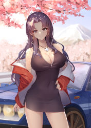 Rule 34 | 1girl, arm at side, bare shoulders, black dress, branch, breasts, brown eyes, car, chinese commentary, cleavage, closed mouth, collarbone, commentary request, covered navel, cowboy shot, dress, earrings, flower, hand on own hip, highres, jacket, jewelry, katsuragi misato, large breasts, liu lan, long hair, long sleeves, looking at viewer, motor vehicle, necklace, neon genesis evangelion, off shoulder, open clothes, open jacket, outdoors, parted bangs, partial commentary, pink flower, purple hair, red jacket, sleeveless, sleeveless dress, smile, solo, standing