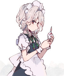 Rule 34 | 1girl, apron, back bow, blood, bloody knife, blue dress, bow, braid, cleaning, cleaning weapon, commentary request, dress, earrings, from side, green ribbon, grey hair, hands up, highres, holding, holding knife, izayoi sakuya, jewelry, knife, looking at viewer, maid headdress, mozukuzu (manukedori), neck ribbon, red eyes, ribbon, short sleeves, solo, touhou, twin braids, upper body, weapon, white bow, wrist cuffs