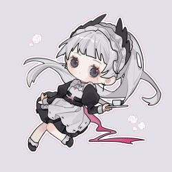 Rule 34 | 1girl, 2236830622, alternate costume, apron, arknights, black dress, black footwear, chibi, closed mouth, cup, dress, enmaided, frilled apron, frilled hairband, frills, grey background, grey eyes, grey hair, grey hairband, grey socks, hairband, highres, holding, holding tray, irene (arknights), juliet sleeves, long hair, long sleeves, maid, maid apron, outline, pleated dress, procreate (medium), puffy sleeves, shoes, simple background, socks, solo, tray, very long hair, white apron, white outline
