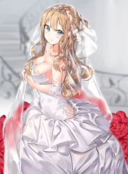 Rule 34 | 1girl, absurdres, bare shoulders, blue eyes, blush, breasts, brown hair, character request, check character, cleavage, collarbone, commentary request, dress, flower, from side, girls&#039; frontline, hair between eyes, hair ornament, hairband, highres, kuse (0201), large breasts, long dress, long hair, looking at viewer, medium breasts, official alternate costume, red flower, red rose, rose, sideboob, smile, solo, stairs, suomi (blissful mission) (girls&#039; frontline), suomi (girls&#039; frontline), wedding dress, white dress