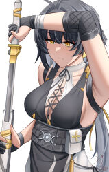 Rule 34 | 1girl, 2024, absurdres, armpits, bandaged arm, bandages, black dress, black gloves, black hair, breasts, cleavage, closed mouth, collarbone, colored inner hair, commentary, dated, drawing sword, dress, earrings, elbow pads, english commentary, female rover (wuthering waves), ghnauv117221, gloves, highres, holding, holding sword, holding weapon, jewelry, large breasts, looking down, multicolored hair, o-ring, o-ring top, partially fingerless gloves, rover (wuthering waves), scabbard, sheath, simple background, solo, sword, unsheathing, upper body, weapon, white background, white hair, wuthering waves, yellow eyes
