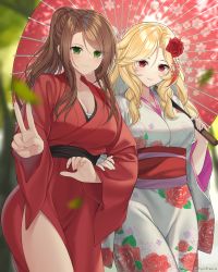 Rule 34 | 2girls, absurdres, black sash, blonde hair, blush, breasts, brown hair, character request, commentary, commission, cowboy shot, english commentary, floral print, flower, girls&#039; frontline, green eyes, hair flower, hair ornament, highres, holding, holding umbrella, japanese clothes, kimono, large breasts, lee-enfield (girls&#039; frontline), long hair, long sleeves, looking at viewer, multiple girls, obi, oil-paper umbrella, ponytail, red eyes, red flower, red kimono, red rose, red sash, red umbrella, rose, rynzfrancis, sarashi, sash, smile, standing, umbrella, v, white kimono, wide sleeves