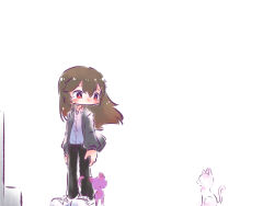 Rule 34 | 1girl, animal, animalization, arms at sides, assault lily, black pants, bright pupils, brown hair, cat, collared shirt, crying, crying with eyes open, floating hair, funada kiito, funada ui, grey jacket, hair between eyes, hair down, highres, jacket, long hair, long sleeves, looking at animal, looking down, looking to the side, nagasawa yuki (assault lily), navel, no mouth, open clothes, open jacket, pants, purple cat, red eyes, shirt, shoes, siblings, simple background, sisters, standing, tail, tail wrap, tears, teisuu, tombstone, white background, white cat, white footwear, white pupils, white shirt