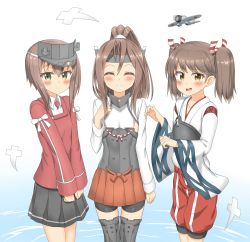 Rule 34 | brown hair, cosplay, costume switch, flat chest, hair ribbon, highres, japanese clothes, kantai collection, kariginu, muneate, nedia (nedia region), ponytail, ribbon, ryuujou (kancolle), ryuujou (kancolle) (cosplay), taihou (kancolle), taihou (kancolle) (cosplay), trait connection, twintails, visor cap, zuihou (kancolle) (cosplay), zuihou (kancolle)