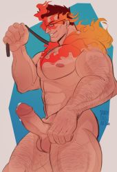 Rule 34 | 1boy, abs, bara, blue eyes, body hair, boku no hero academia, chest hair, completely nude, cowboy shot, endeavor (boku no hero academia), erection, facial hair, glasses, hairy, highres, large hands, large pectorals, male focus, muscular, nipples, nude, pectorals, penis, precum, red hair, short hair, solo, spiked hair, stormcallart, stubble, testicles, thick thighs, thighs