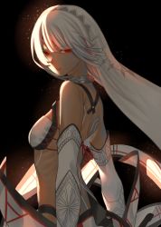 Rule 34 | 1girl, altera (fate), bare shoulders, blunt bangs, breasts, dark-skinned female, dark skin, detached sleeves, fate/grand order, fate (series), from behind, full-body tattoo, headdress, headwear request, highres, long hair, looking at viewer, looking back, lrig0, parted lips, red eyes, revealing clothes, simple background, small breasts, solo, tan, tattoo, veil, white hair
