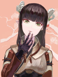 Rule 34 | 1girl, absurdres, artist request, black gloves, black hair, blunt bangs, blush, closed mouth, fewer digits, gloves, hair ornament, highres, japanese clothes, long hair, looking at viewer, minoto, monster hunter (series), monster hunter rise, pointy ears, sidelocks, solo, yellow eyes