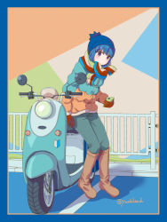Rule 34 | 1girl, beanie, blue hair, boots, cellphone, down jacket, gloves, hat, jacket, knee boots, motor vehicle, phone, purple eyes, scarf, scooter, shima rin, shoshinsha mark, sitting, smartphone, solo, winter clothes, yurucamp, yusshii