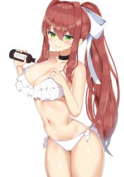 Rule 34 | 1girl, :3, absurdres, armpit peek, armpits, b4 (yonten), black choker, blush, bottle, bow, bow bra, bow panties, bra, breast focus, breasts, choker, cleavage, closed mouth, collarbone, cowboy shot, doki doki literature club, eyelashes, frilled bra, frills, from side, grabbing own breast, green eyes, hair between eyes, highres, holding, holding bottle, large breasts, leaning forward, liquid, long hair, looking at viewer, lotion, lube, monika (doki doki literature club), naughty face, navel, paizuri invitation, panties, ponytail, pouring, pouring onto self, seductive smile, shiny skin, sidelocks, simple background, smile, solo, sparkle, standing, stomach, suggestive fluid, thick thighs, thighs, underwear, underwear only, very long hair, white background, white bow, white bra, white panties, wide hips