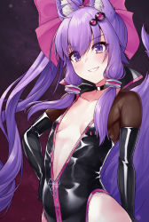 Rule 34 | 1girl, ahoge, black bodysuit, black choker, black gloves, bodysuit, breasts, breasts apart, choker, collarbone, commentary, cosplay, elbow gloves, fate/grand order, fate (series), gloves, grin, hair ornament, hand on own hip, highres, koyanskaya (assassin) (first ascension) (fate), koyanskaya (fate), koyanskaya (fate) (cosplay), long hair, looking at viewer, open bodysuit, open clothes, parted lips, partially unzipped, ponytail, purple eyes, purple hair, sidelocks, small breasts, smile, solo, tamamo (fate), tenneko yuuri, upper body, v-shaped eyebrows, voiceroid, yuzuki yukari, zipper pull tab