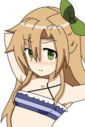 Rule 34 | armpits, bare shoulders, bikini, breasts, brown hair, frown, green eyes, if (neptunia), leafy bow, long hair, neptune (series), ponytail, ribbon, sidetail, small breasts, stretching, swimsuit, upper body