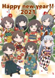 Rule 34 | 2021, 6+girls, :o, aoshima sakana, bamboo, black hair, blunt bangs, blush, braid, branch, brown eyes, brown hair, chibi, confetti, floral print, flower, fubuki (kancolle), green eyes, grey hair, hair ribbon, hakama, hakama skirt, happy new year, hatsuyuki (kancolle), headgear, isonami (kancolle), japanese clothes, kantai collection, kimono, long hair, long sleeves, low ponytail, miyuki (kancolle), multiple girls, murakumo (kancolle), new year, obi, open mouth, orange eyes, ponytail, red flower, ribbon, sandals, sash, shirayuki (kancolle), short hair, short ponytail, short twintails, single braid, skirt, smile, tress ribbon, twin braids, twintails, uranami (kancolle), usugumo (kancolle), v, wide sleeves, zouri