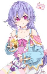 Rule 34 | 1girl, artist name, bare shoulders, braid, character doll, choker, dated, dress, hair between eyes, highres, holding, kami jigen game neptune v, light purple hair, long hair, looking at viewer, neptune (series), purple eyes, pururut, ribbon, sendo (sendrawz), simple background, single braid, sitting, smile, solo, striped clothes, striped thighhighs, thighhighs, very long hair, white background