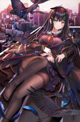 Rule 34 | 1girl, absurdres, barefoot, bird, black hair, black pantyhose, blush, crow, feathers, highres, holding, holding weapon, katana, long hair, looking at viewer, luoxin (kndoffice903), original, pantyhose, school uniform, skirt, solo, sword, thighband pantyhose, weapon, yellow eyes