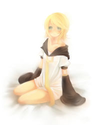 Rule 34 | 1girl, bad id, bad pixiv id, blonde hair, blue eyes, borrowed clothes, bottomless, cosplay, kagamine len, kagamine len (cosplay), kagamine rin, masha, masha (twinbox), necktie, short hair, sitting, solo, vocaloid, white background, yellow necktie