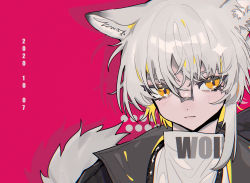 Rule 34 | 1boy, absurdres, animal ears, aosta (arknights), arknights, black jacket, blonde hair, closed mouth, colored inner hair, commentary, dated, english text, grey hair, grey shirt, highres, jacket, looking at viewer, male focus, multicolored hair, portrait, red background, shirt, short hair, simple background, solo, symbol-only commentary, tail, taowu (20809), turtleneck, wolf boy, wolf ears, wolf tail, yellow eyes
