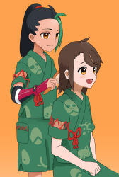 Rule 34 | 2girls, age difference, ahoge, alternate hairstyle, arm at side, arm guards, artist request, black hair, brown eyes, brown hair, child, clenched hands, collarbone, comb, creatures (company), dark-skinned female, dark skin, eyelashes, female focus, fingerless gloves, flat chest, friends, game freak, gloves, hair down, hand on lap, happy, highres, holding, holding comb, japanese clothes, jinbei (clothes), juliana (pokemon), legs, long hair, looking at another, looking away, matching hair/eyes, multicolored hair, multiple girls, neck, nemona (pokemon), nintendo, official alternate costume, open mouth, orange background, orange eyes, pokemon, pokemon sv, ponytail, short sleeves, shorts, sidelocks, simple background, single fingerless glove, sitting, smile, standing, swept bangs, traditional clothes, two-tone hair