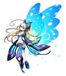 Rule 34 | 1girl, artist request, azure striker gunvolt, bare shoulders, blonde hair, breasts, butterfly hair ornament, butterfly wings, cleavage, detached sleeves, hair ornament, insect wings, long hair, lumen (gunvolt), multicolored hair, official art, red hair, simple background, solo, thighhighs, two-tone hair, wide sleeves, wings