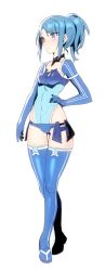 Rule 34 | 1girl, alice gear aegis, bad id, bad twitter id, blue eyes, blue hair, blush, bodysuit, boots, breasts, bright pupils, choker, covered navel, crossed legs, elbow gloves, facing away, full body, gloves, gluteal fold, kanjy00u, leotard, micro shorts, ponytail, purple eyes, shorts, sidelocks, simple background, small breasts, solo, standing, takanashi rei, thigh boots, thighhighs, white background