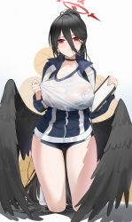 Rule 34 | 1girl, black bra, black choker, black hair, black wings, blue archive, blue buruma, bra, bra visible through clothes, breasts, buruma, choker, collarbone, commentary, feathered wings, gym shirt, hair between eyes, halo, hasumi (blue archive), hasumi (track) (blue archive), highres, holding, holding notepad, jacket, kneeling, large breasts, looking at viewer, notepad, official alternate costume, open clothes, open jacket, partially unzipped, ponytail, qing wu, red eyes, shirt, shirt tug, solo, sweatdrop, underwear, wet, wet clothes, wet shirt, wings