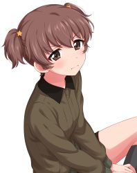 Rule 34 | 1girl, absurdres, black shorts, blush, brown eyes, brown hair, brown jacket, character request, closed mouth, freckles, from side, girls und panzer, hair ornament, highres, jacket, long sleeves, looking at viewer, sekina, short hair, short shorts, shorts, simple background, sitting, solo, star (symbol), star hair ornament, twintails, white background
