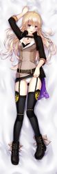 Rule 34 | 1girl, ahoge, arm over head, blush, boots, breasts, cleavage, clothes lift, dakimakura (medium), full body, garter straps, gluteal fold, highres, jewelry, long hair, lying, medium breasts, necklace, panties, purple eyes, rwby, seirei911, skirt, skirt lift, solo, teeth, thighhighs, underwear, white panties, yang xiao long