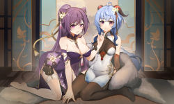 Rule 34 | 2girls, absurdres, ahoge, alternate costume, bare shoulders, bent over, black pantyhose, blue hair, breasts, china dress, chinese clothes, cleavage, covered navel, dress, flower, ganyu (genshin impact), genshin impact, hair flower, hair ornament, hand on another&#039;s face, highres, horns, indoors, keqing (genshin impact), kneeling, long hair, looking at viewer, lxy122, medium breasts, multiple girls, no shoes, pantyhose, parted lips, purple eyes, qingxin flower, sidelocks, sitting, smile, soles, tassel, thighs, white flower, white legwear