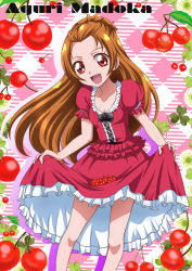 Rule 34 | 1girl, :d, brown hair, character name, cherry, clothes lift, cowboy shot, dokidoki! precure, dress, food, food background, fruit, half updo, hanzou, highres, long hair, madoka aguri, open mouth, precure, red dress, red eyes, skirt, skirt lift, smile, solo