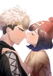 Rule 34 | 1boy, 1girl, absurdres, beanie, black hair, black jacket, blush, closed eyes, commentary request, creatures (company), eyelashes, eyewear on head, from side, game freak, grey eyes, guzma (pokemon), hand on another&#039;s shoulder, hat, highres, jacket, kiss, kissing nose, looking at another, multicolored hair, nintendo, pokemon, pokemon sm, red headwear, selene (pokemon), shirt, short sleeves, sunglasses, t-shirt, team skull, two-tone hair, undercut, upper body, white background, white hair, yellow-framed eyewear, yellow shirt, yoshiyoshiwa