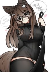 1girl :3 animal_ear_fluff animal_ears black_sweater black_thighhighs bone_hair_ornament breasts brown_eyes commentary dog_ears dog_girl dog_tail english_commentary flower glasses grey_panties hair_flower hair_ornament head_tilt heart heart_necklace highres holding holding_leash jewelry leash long_hair looking_at_viewer looking_down medium_breasts necklace okariin original panties pantyshot pov round_eyewear smile solo sweater tail thighhighs turtleneck turtleneck_sweater underwear viewer_on_leash white_background white_flower