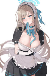 Rule 34 | 1girl, apron, asuna (blue archive), black choker, blonde hair, blue archive, blue bow, blue bowtie, blue eyes, blush, bow, bowtie, breasts, choker, cleavage, earpiece, frills, gloves, hairband, halo, highres, kind1516, large breasts, long hair, looking at viewer, maid, maid apron, maid headdress, mole, mole on breast, mouth hold, pleated skirt, short sleeves, simple background, skirt, skirt hold, solo, very long hair, white background, white gloves